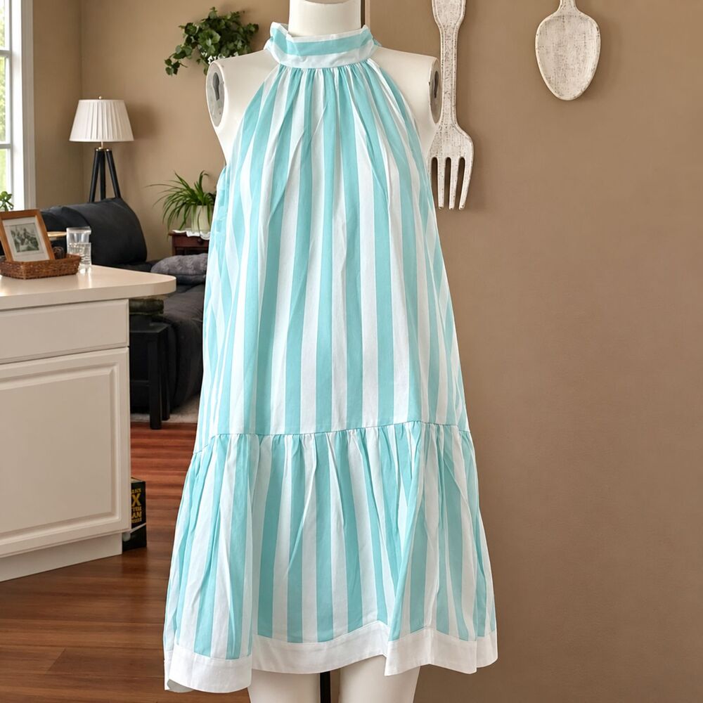 Prosperina Aqua Blue White Striped Halter Mini Dress Tiered Hem Womens L